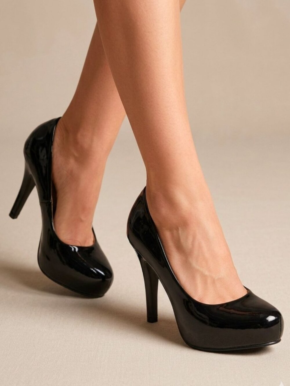 Black Patent Leather High Heels With Round Toe & Stiletto Heel For Women